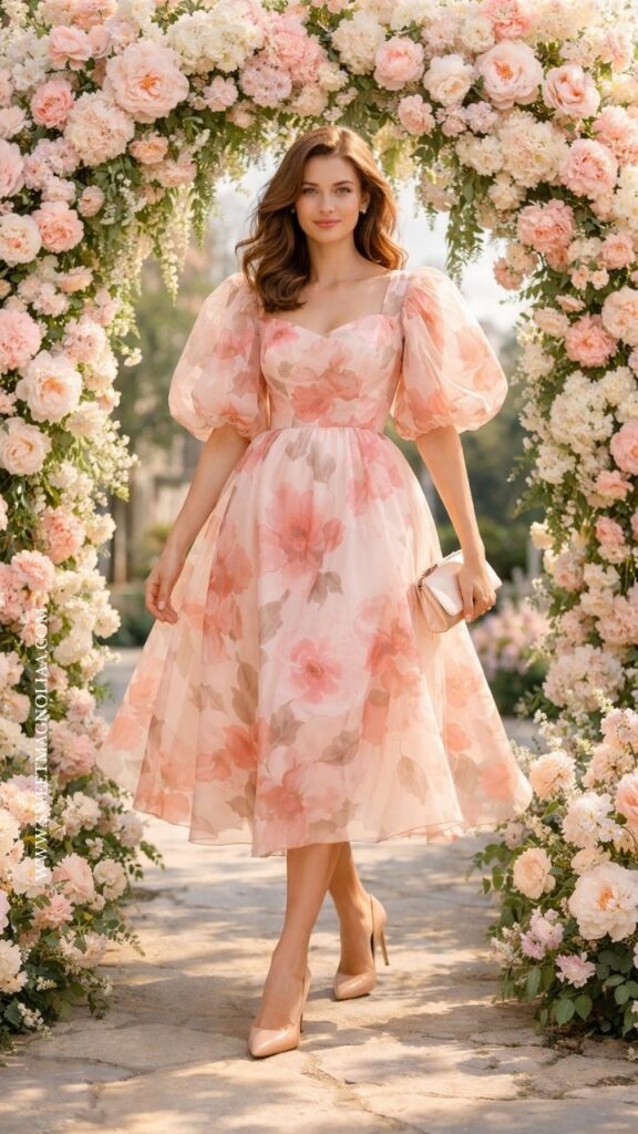 Puff sleeve floral midi dress in soft blush tones with airy fabric and flowy silhouette, styled with nude heels for a romantic spring wedding guest dress outdoors