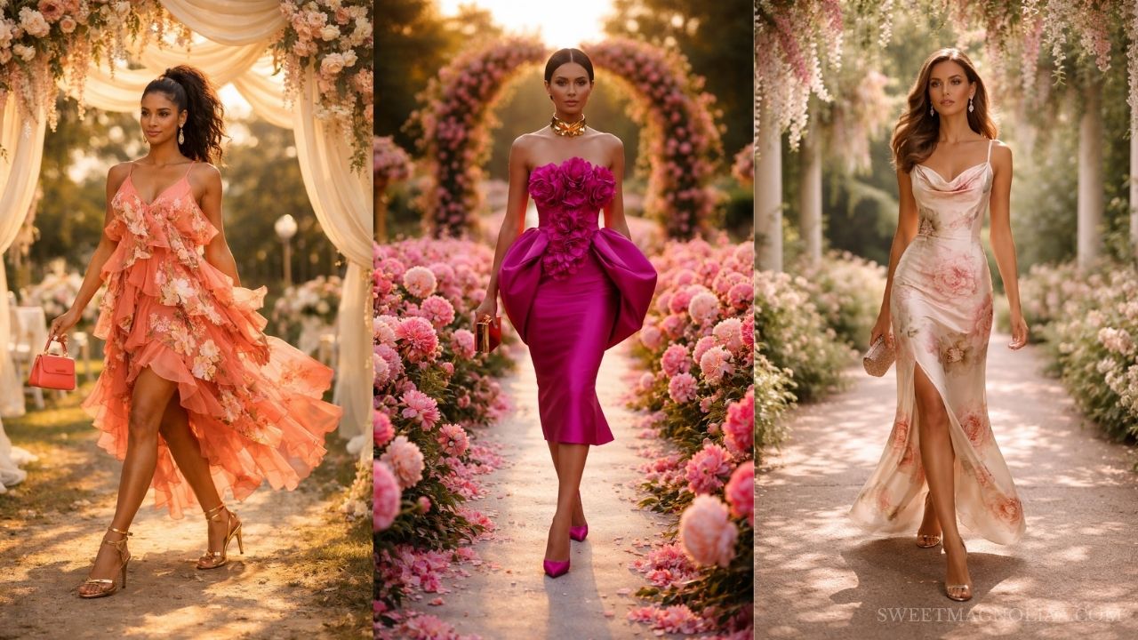 Romantic floral wedding guest dresses for spring, featuring soft pastels, flowing silhouettes, and elegant statement styles perfect for garden and outdoor celebrations.