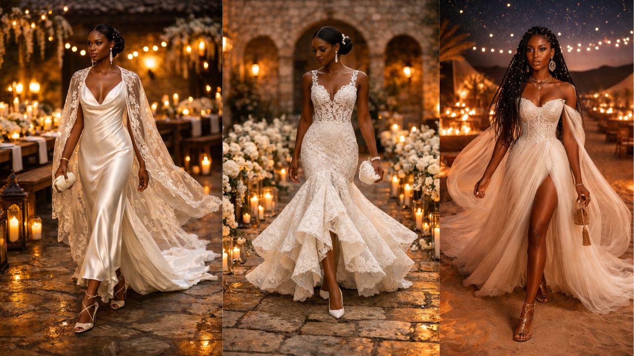 Collage of three elegant boho wedding dresses featuring satin slip gown with lace cape, romantic lace mermaid dress, and flowing tulle boho bridal gown in candlelit outdoor settings.