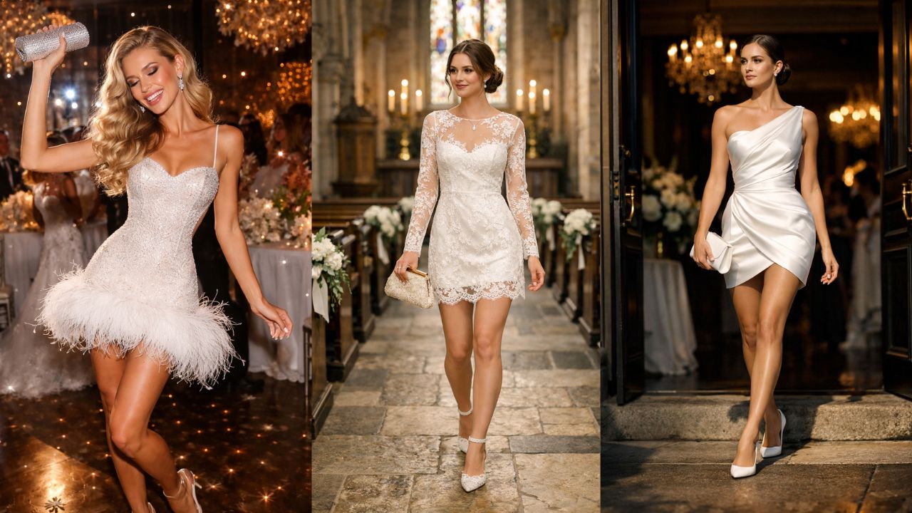 Collage of three brides wearing short wedding dresses: a sparkling feather mini, a long-sleeve lace bridal mini, and a one-shoulder satin mini at elegant venues.