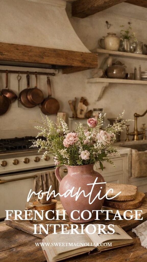 Romantic French cottage kitchen with rustic wood beams, copper pots, floral arrangement, vintage decor, and soft neutral tones creating a cozy elegant space