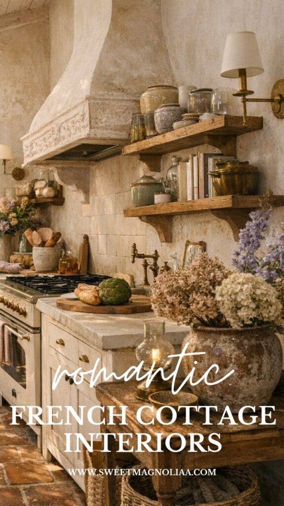 Romantic French cottage kitchen with rustic stone textures, wooden shelves, vintage cookware, and soft floral accents creating a warm cozy elegant interior
