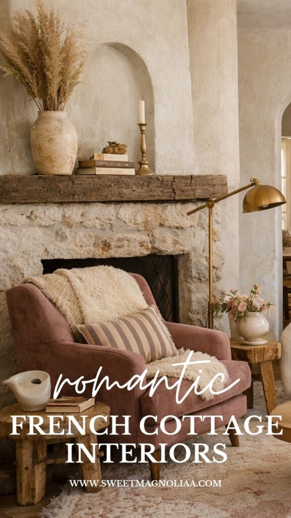 Romantic French cottage interior with rustic fireplace, blush armchair, linen textures, vintage decor, and soft neutral tones creating a cozy elegant space