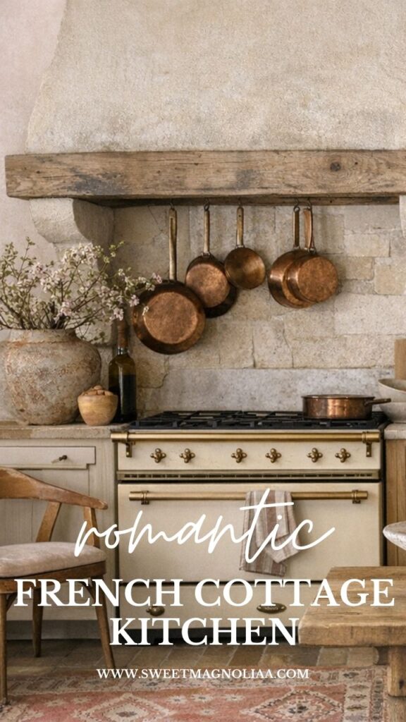 Romantic French cottage kitchen with copper cookware, rustic wood beam, stone backsplash, vintage stove, and warm neutral tones creating a cozy elegant space