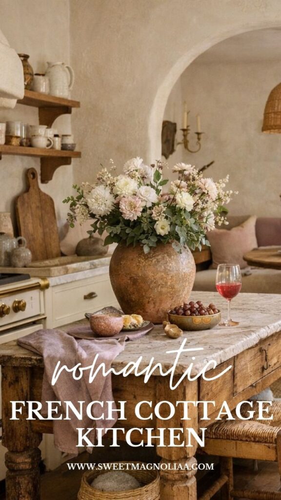 Romantic French cottage kitchen with rustic wooden table, stone textures, soft florals, vintage decor, and warm neutral tones creating a cozy elegant space