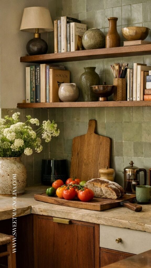 Warm kitchen styling with olive green tile backsplash, wooden shelves, and natural decor, featuring ceramics, books, and fresh produce for a cozy 2026 kitchen trend look.