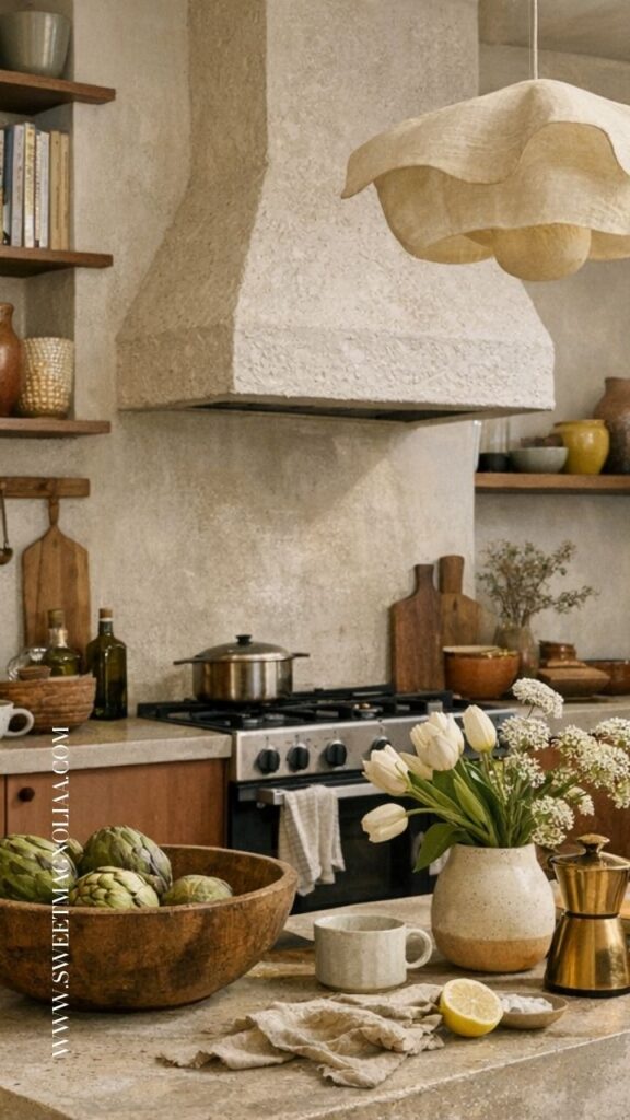 Warm neutral kitchen with textured plaster hood, wooden accents, and soft decor styling, featuring ceramics, flowers, and natural elements in a cozy 2026 kitchen trend aesthetic.