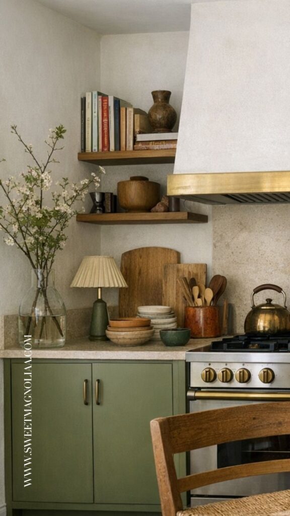 Cozy kitchen corner with sage green cabinets, warm wood accents, open shelving, and brass details, styled with ceramics and soft decor for kitchen trends 2026 aesthetic.