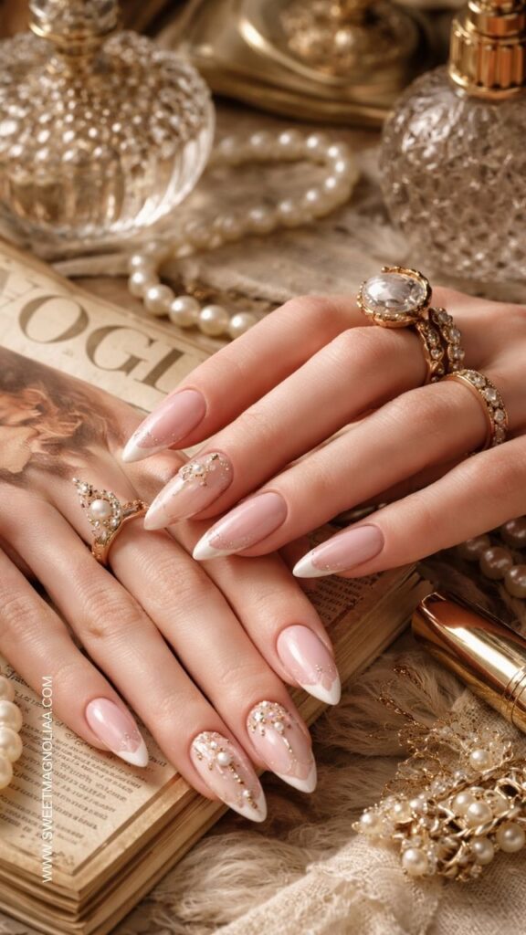 Blush pink almond nails with white French tips, pearl accents, and tiny crystal embellishments creating an elegant bridal inspired manicure with a soft luxury look.