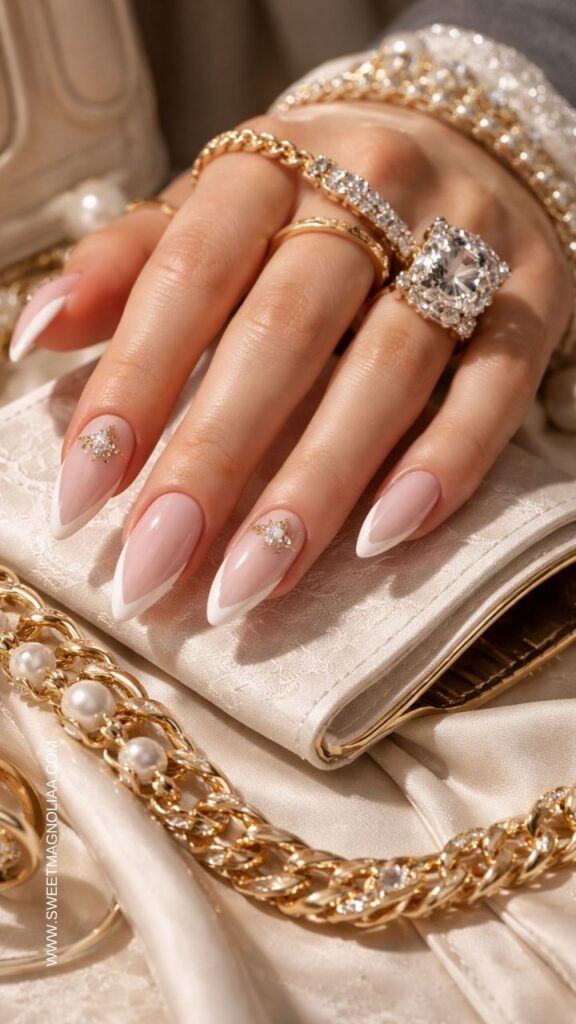Blush pink almond nails with white French tips and small crystal star embellishments creating a refined bridal inspired manicure with elegant sparkle.