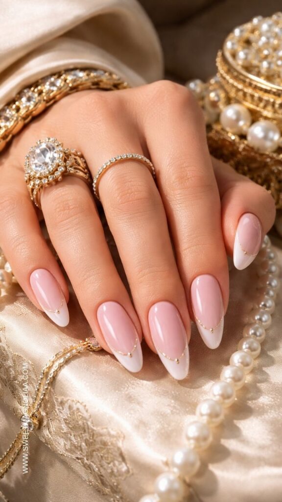Blush pink almond nails with white French tips and delicate gold bead detailing along the tip line creating a refined elegant manicure with soft luxury style.