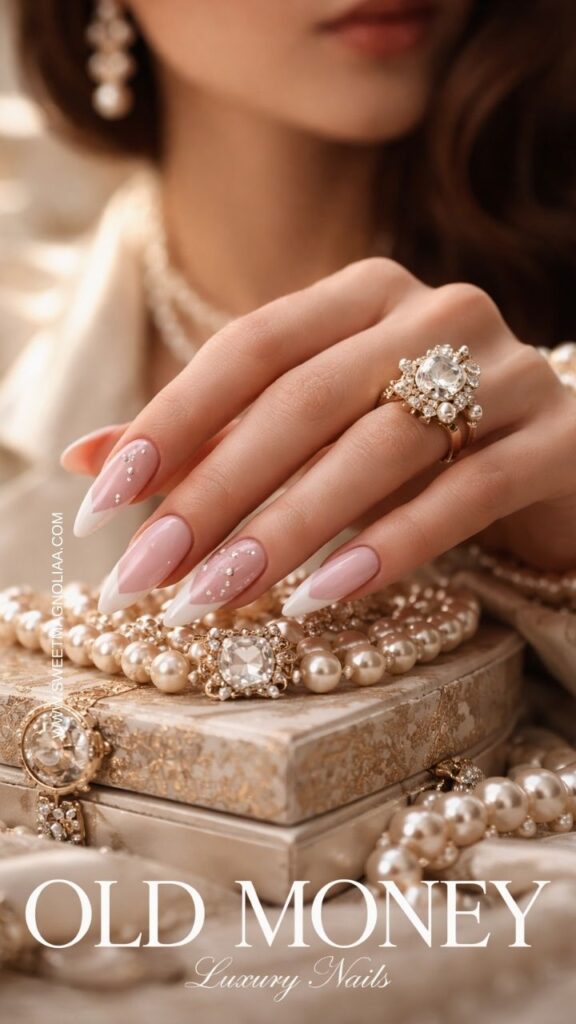 Blush pink almond nails with classic white French tips and delicate crystal accents creating a timeless old money inspired manicure with elegant luxury style.