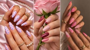 Collage of pink nail designs including blue polka dot nails, elegant pink French tips with rhinestones, and glossy abstract pink swirl nails.