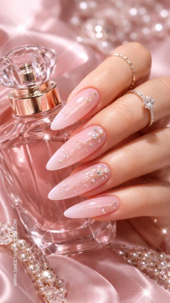 Soft pink ombre almond nails with delicate gold glitter streaks and small pearl accents, creating an elegant, feminine manicure with a romantic and polished look.