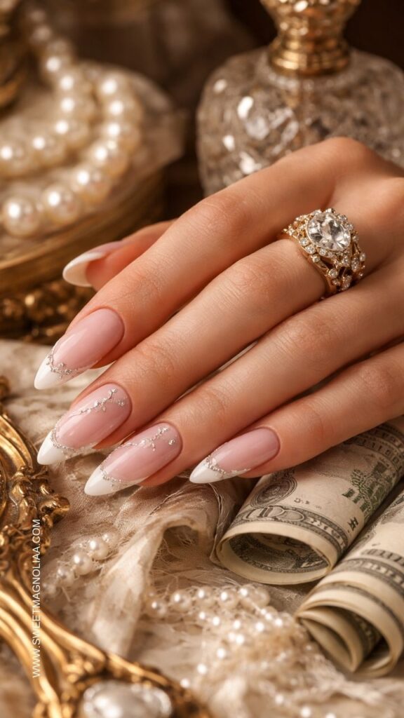 Blush pink almond nails with white French tips and delicate crystal vine detailing creating an elegant manicure with soft sparkle and refined style.