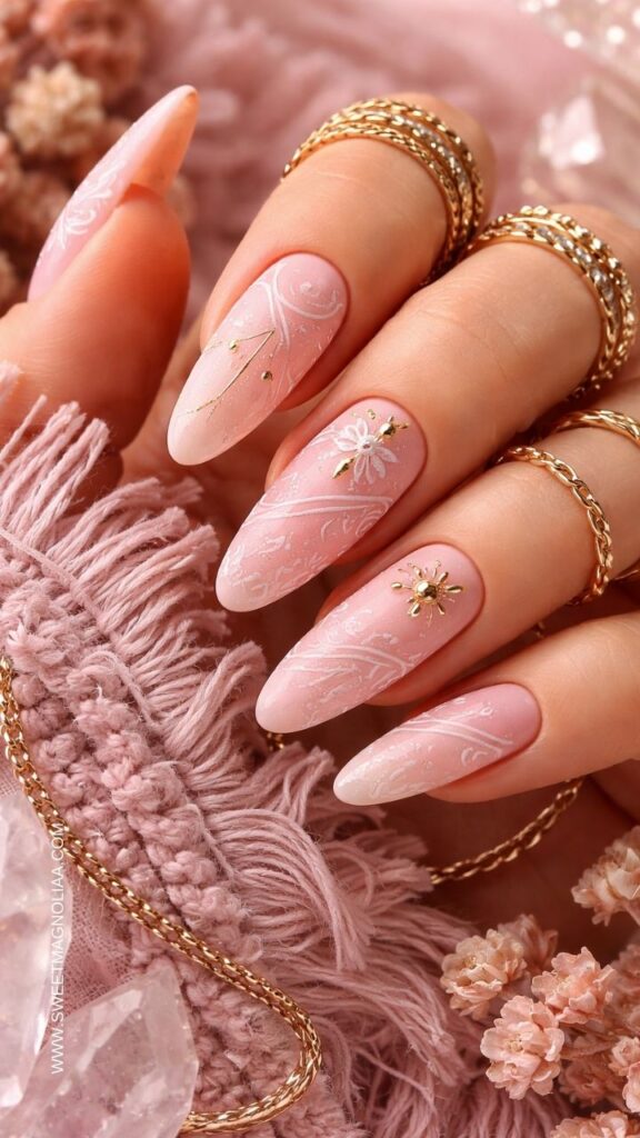 Blush pink almond nails with delicate white swirl patterns and small gold accents, featuring floral details and minimal gold charms for a soft, elegant manicure look.