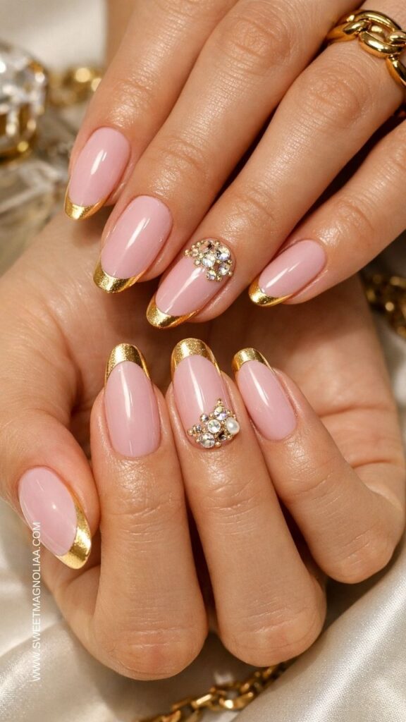 Blush pink manicure with metallic gold French tips and rhinestone accent nails, glossy elegant design styled with gold rings and jewelry for a luxurious manicure look.