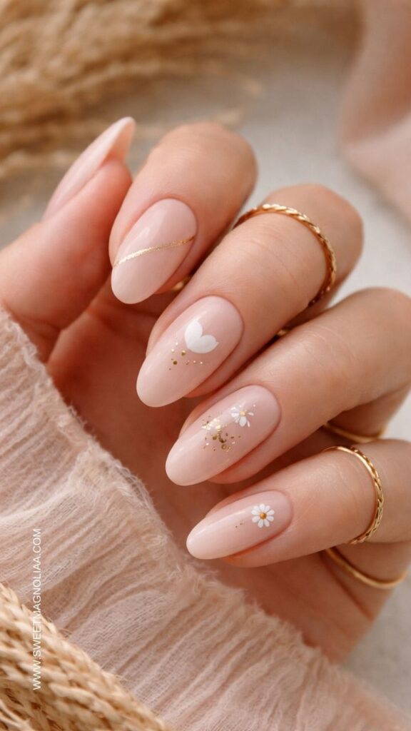 Soft nude almond nails with small white daisy designs, delicate gold accents, a tiny heart detail, and a thin gold line for a minimalist, feminine manicure look.