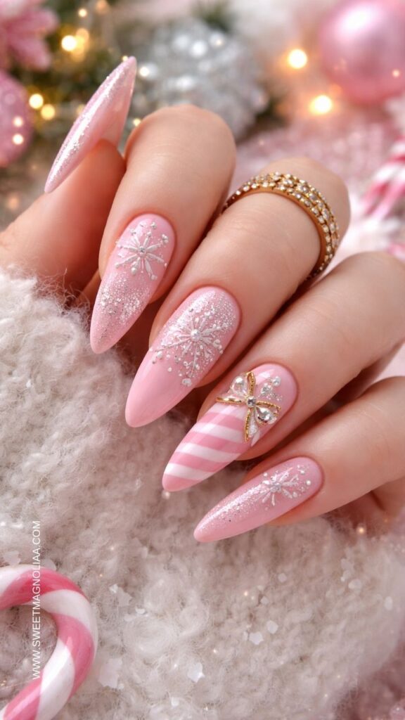 Long blush pink almond nails with white snowflake designs, glitter accents, and a candy stripe accent nail with a gold bow, creating a festive winter holiday manicure.