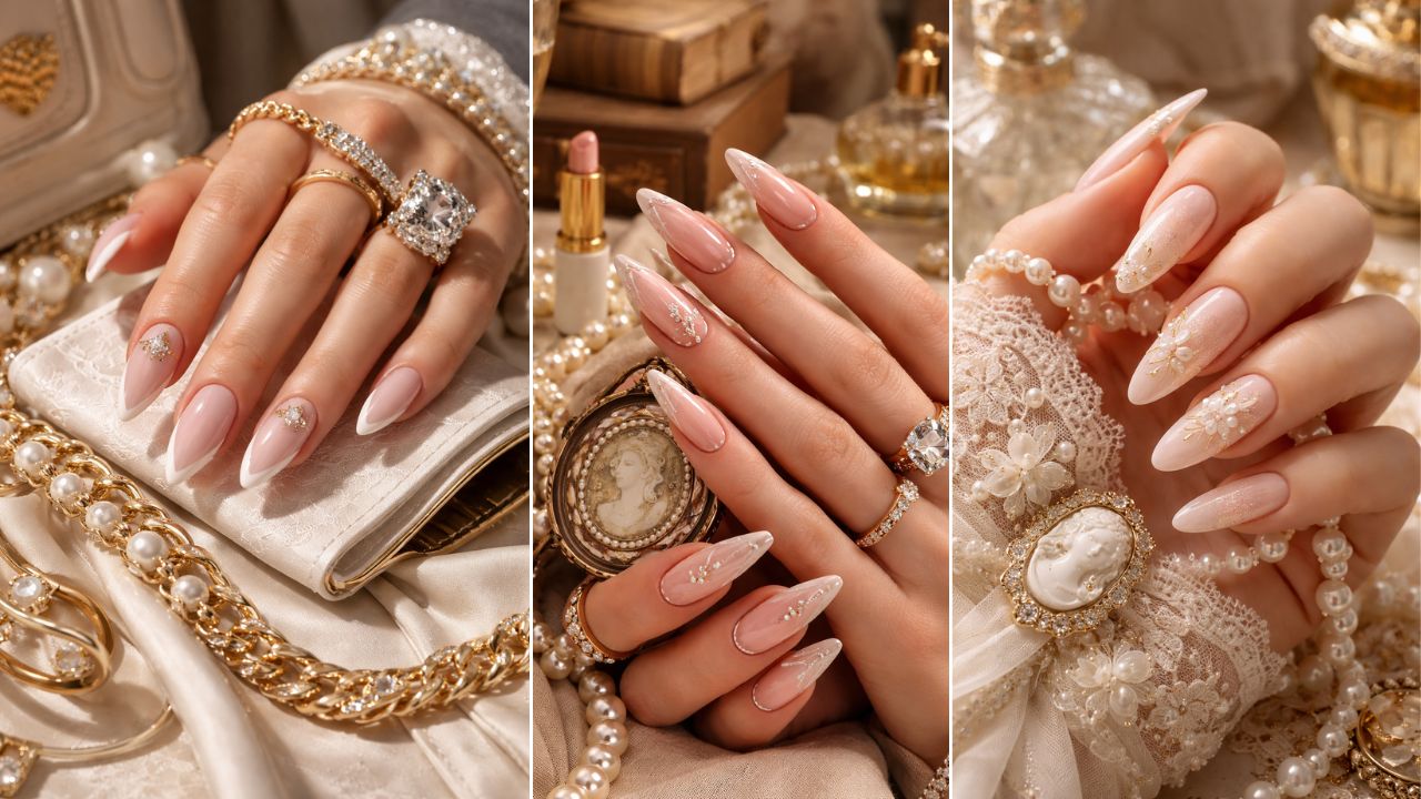 Collage of elegant blush pink almond nails featuring French tips, crystal accents, and pearl floral designs styled with vintage jewelry and soft bridal textures.