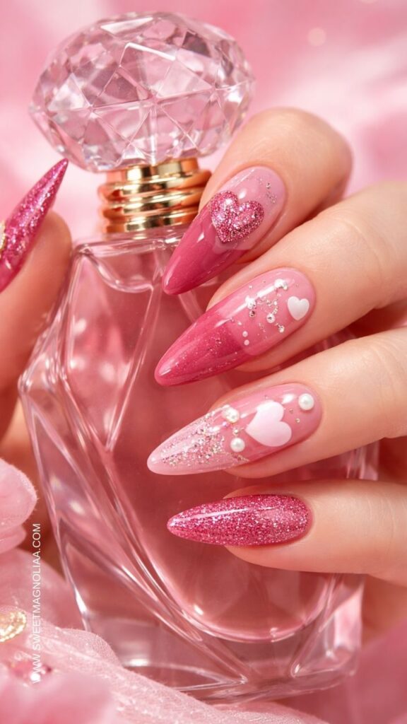 Glossy pink almond nails with glitter polish, pearl accents and heart nail art, glamorous manicure styled with a pink perfume bottle and soft romantic background.