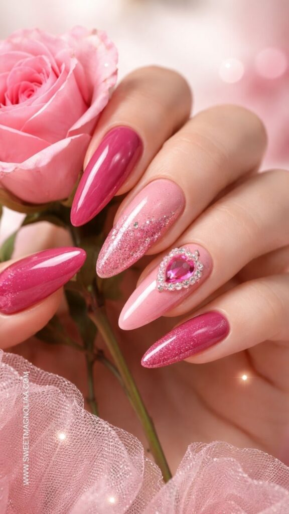 Glossy pink almond nails with glitter gradient and a sparkling heart rhinestone accent, romantic manicure styled with a pink rose and soft feminine details.