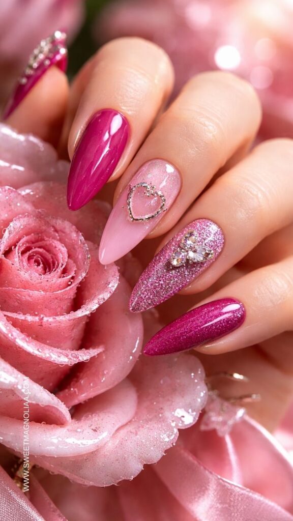 Pink almond nails with glitter polish, rhinestone flower detail, and sparkling heart accent, glam manicure styled with roses, perfect romantic pink nail design idea.