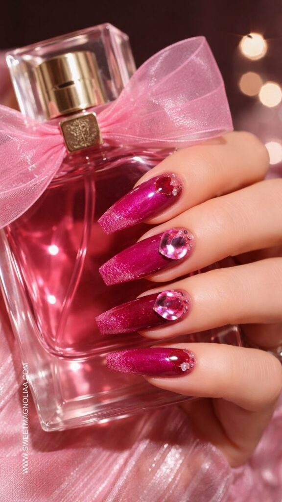 Glittery deep pink stiletto nails with large rhinestones and gem accents, glamorous pink nail designs styled against a pink perfume bottle background.
