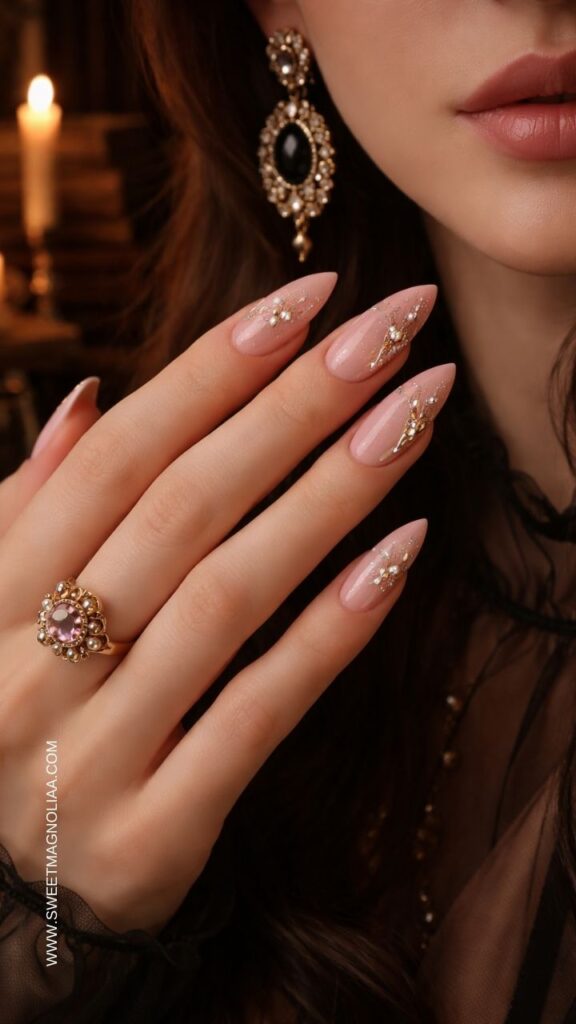 Glossy blush pink almond nails with delicate gold crystal clusters and rhinestone accents creating an elegant luxury manicure with subtle sparkle.