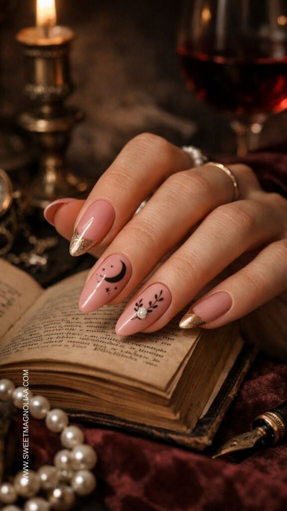Blush pink almond nails with gold French tips, crescent moon and star designs, and a small pearl accent, creating an elegant celestial-inspired manicure.