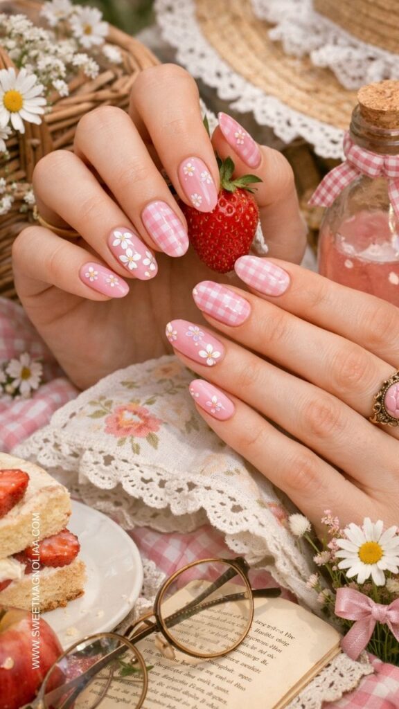 Pink almond nails with gingham plaid patterns and white daisy flower designs, creating a soft cottagecore-inspired manicure with a fresh spring aesthetic.