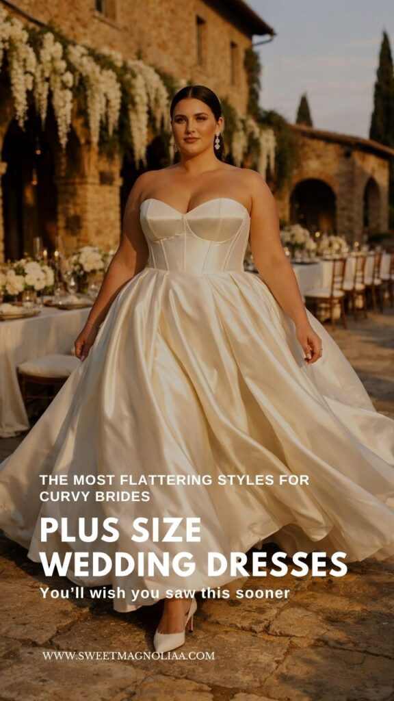 Plus size wedding dresses featuring a bride in a satin ball gown with corset bodice, walking in a romantic outdoor venue with warm light and floral decor.