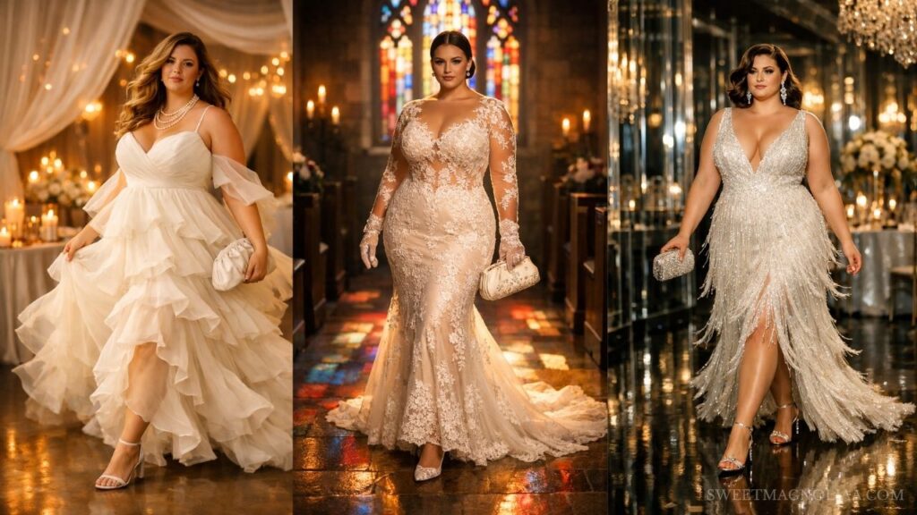 Three plus-size brides in elegant wedding dresses—ruffled tulle, lace mermaid, and sparkling fringe—set in warm, romantic, golden-lit wedding venues.