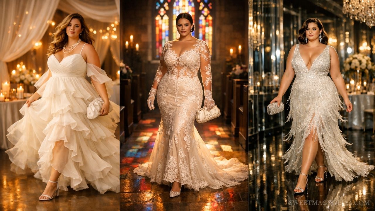 Three plus-size brides in elegant wedding dresses—ruffled tulle, lace mermaid, and sparkling fringe—set in warm, romantic, golden-lit wedding venues.