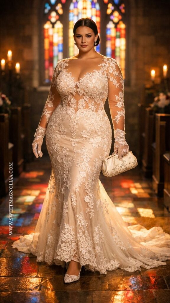 Plus-size bride in a lace mermaid wedding dress with illusion sleeves and floral detail, standing in a candlelit chapel with stained glass backdrop.