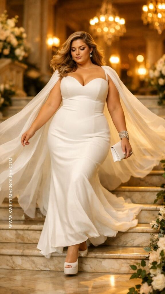 Plus-size bride in a fitted wedding gown with sweetheart neckline and sheer cape, walking down elegant marble stairs in a warm, golden-lit venue.