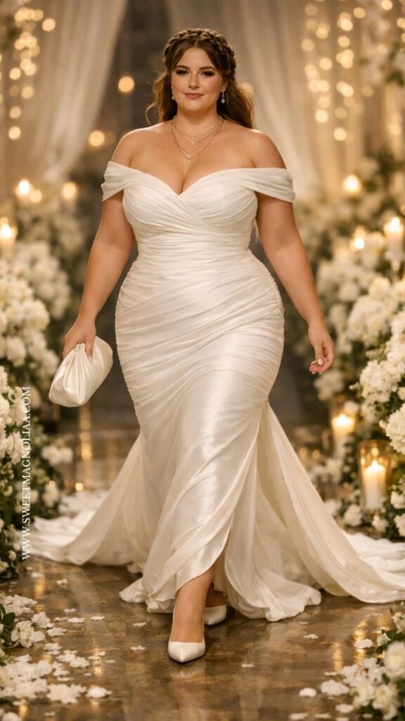Plus-size bride in an off-shoulder satin wedding dress with draped bodice and flowing train, walking through a candlelit aisle with soft floral decor.