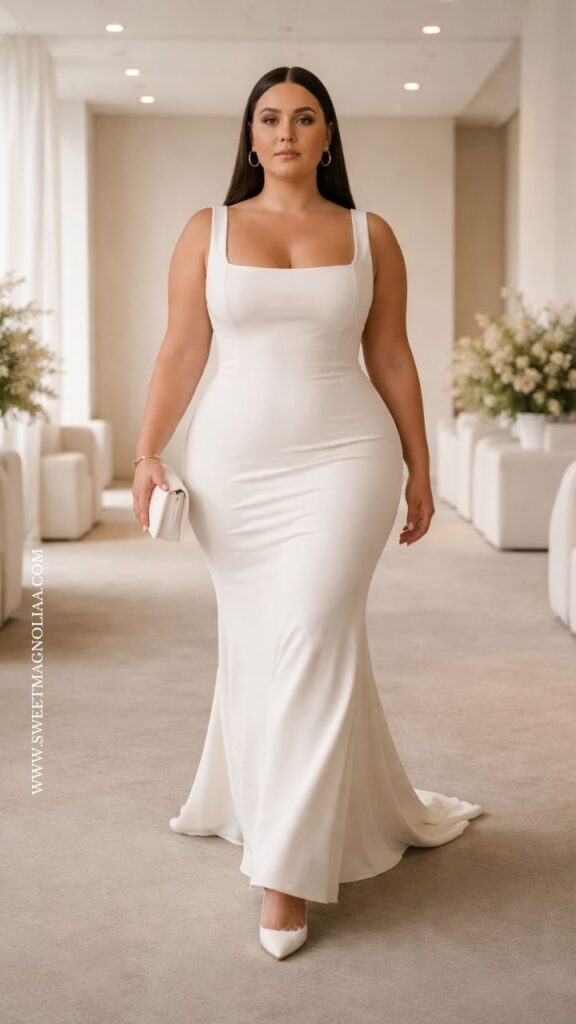 Plus-size bride in a fitted wedding dress with square neckline and clean lines, walking in a soft-lit modern indoor venue with neutral tones.