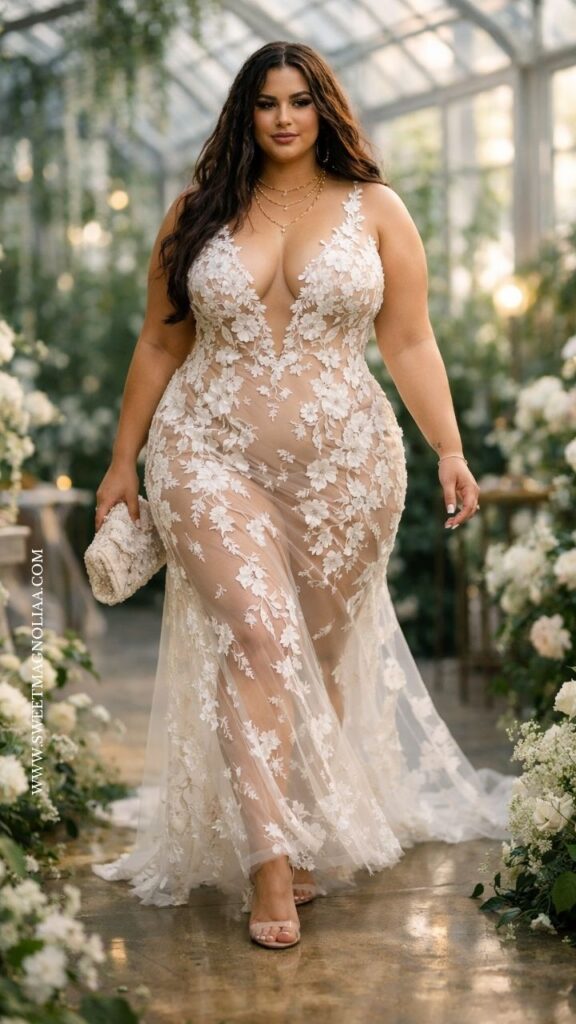 Plus-size bride in a sheer floral lace wedding dress with plunging neckline, walking in a glasshouse filled with soft greenery and romantic light.