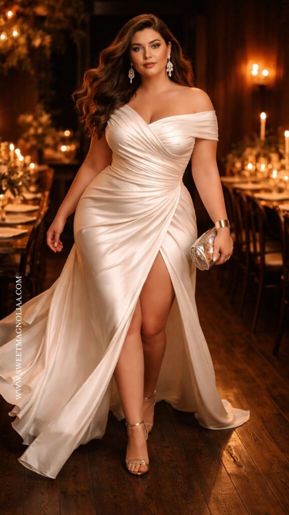 Plus-size bride in an off-shoulder satin wedding dress with draped bodice and high slit, walking in a warm, candlelit indoor reception setting.