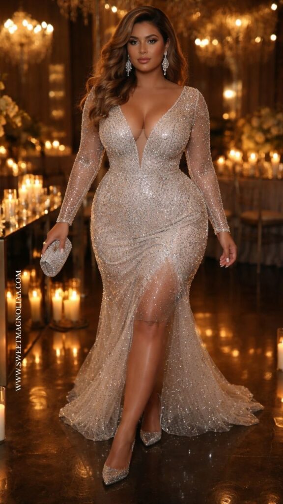 Plus-size bride in a sparkling fitted wedding gown with long sheer sleeves and deep neckline, walking in a candlelit reception with warm golden glow.