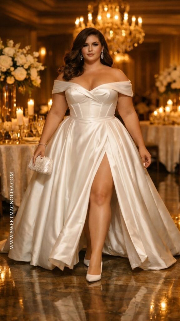 Plus size wedding dress in an off-shoulder satin ball gown with corset bodice and high slit, standing in a chandelier-lit reception hall with warm golden decor.