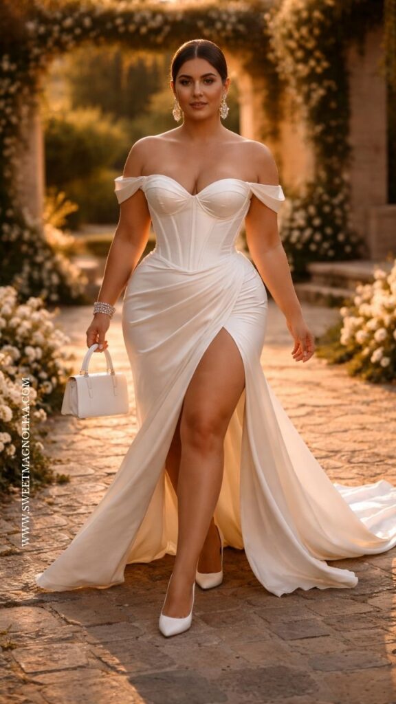 Plus-size bride in an off-shoulder satin wedding dress with corset bodice and high slit, walking through a floral garden path in warm golden light.