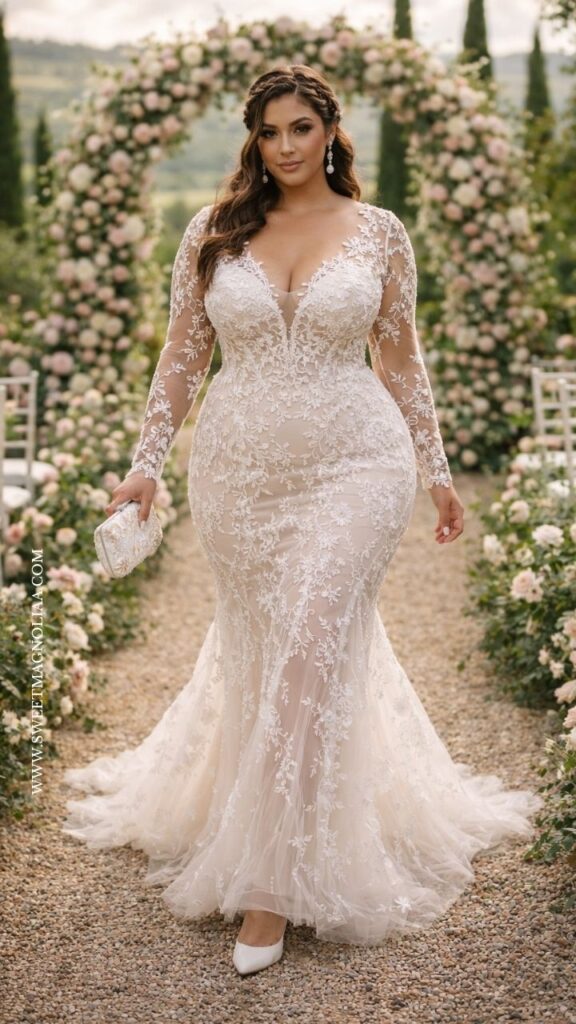 Plus-size bride in a fitted lace mermaid wedding dress with sheer sleeves and illusion neckline, walking through a romantic floral garden arch setting.