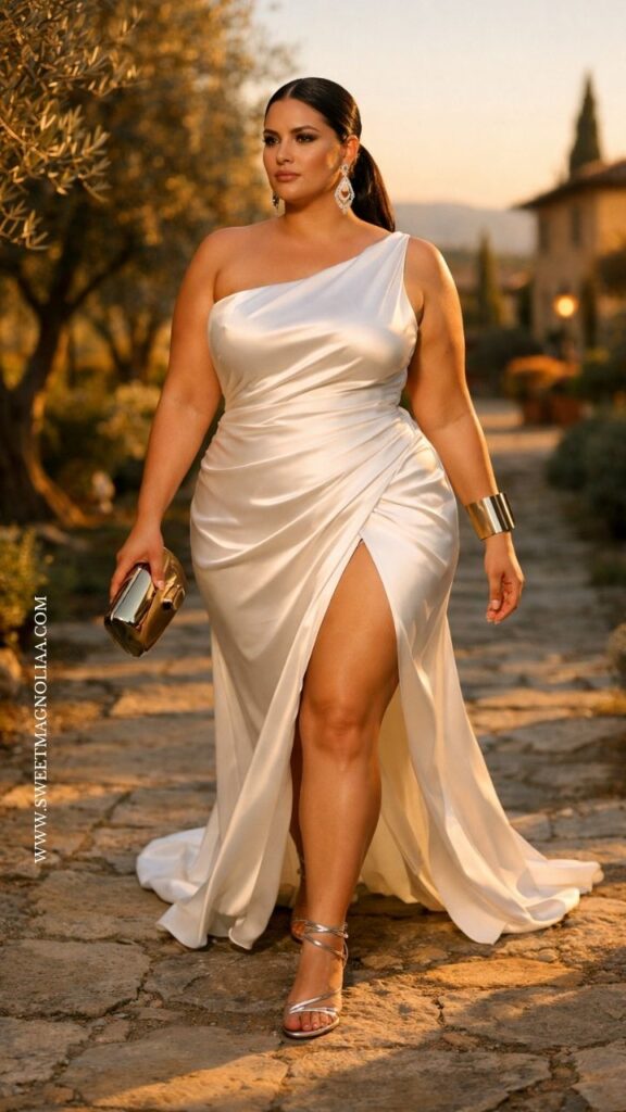 Plus-size bride in a one-shoulder satin gown from plus size wedding dresses, featuring a high slit, walking outdoors at sunset with warm golden light and a soft villa backdrop.