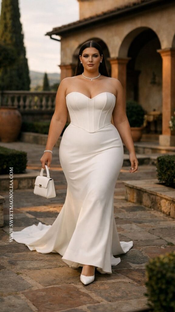 Plus-size bride in a strapless fitted wedding gown with corset bodice, walking in an elegant outdoor villa setting with warm, earthy tones and arches.