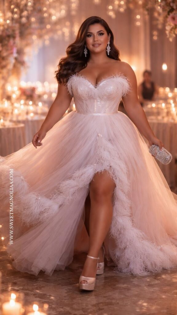 Plus-size bride in a strapless feathered tulle wedding dress with high-low skirt, standing in a soft pink, candlelit reception with dreamy decor.