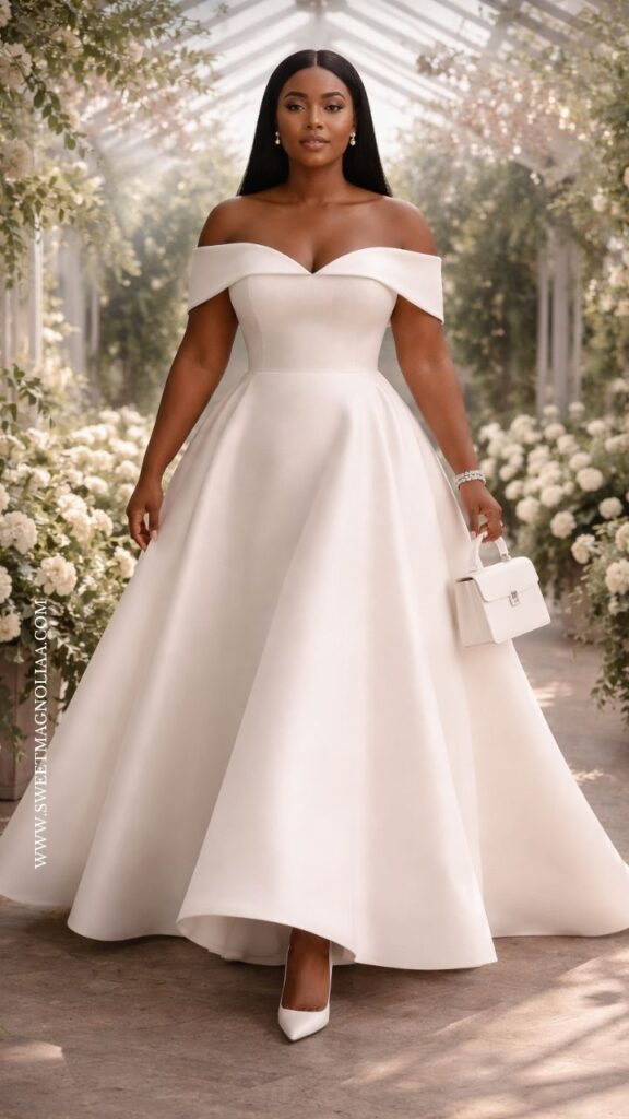 Plus-size bride in an off-shoulder ball gown with structured bodice and full skirt, standing in a bright floral greenhouse with soft natural light.