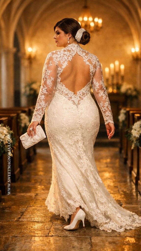 Plus-size bride in a lace wedding dress with sheer sleeves and open back, walking in a candlelit chapel with warm golden tones and elegant aisle setting.