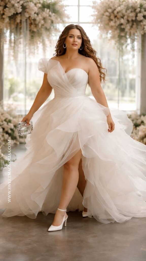 Plus-size bride in a layered tulle gown from plus size wedding dresses, featuring a sweetheart neckline and ruffled skirt in a soft-lit, romantic floral setting.